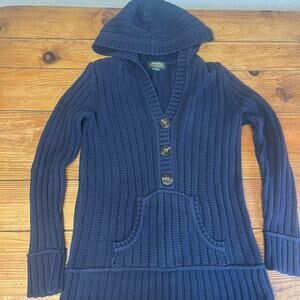 Eddie Bauer Hooded Ribbed Cotton Cardigan Sweater Navy Fisherman Knit L